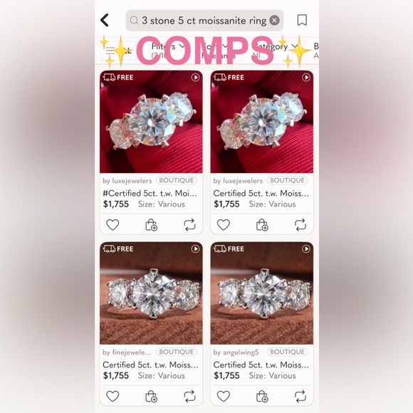 Moissanite Sterling Ring Triple 3 Stone 5 TOTAL CTW 2 CT center stone sz US 8.5 - Picture 12 of 17